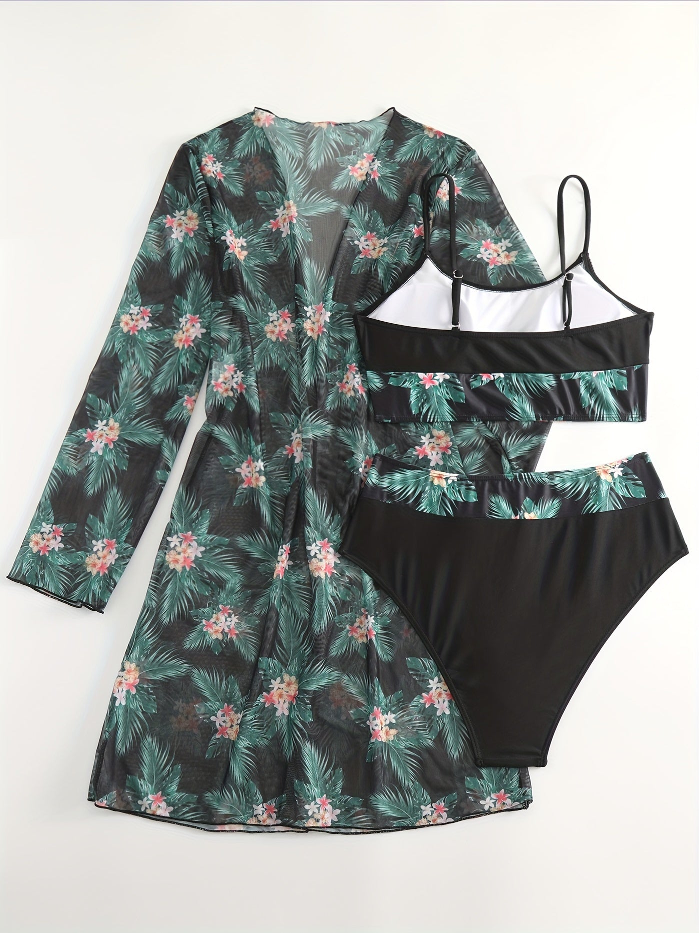 Chic 3-piece Tropical Print High Stretch Swimwear with Crew Neck Mesh Cover-Up