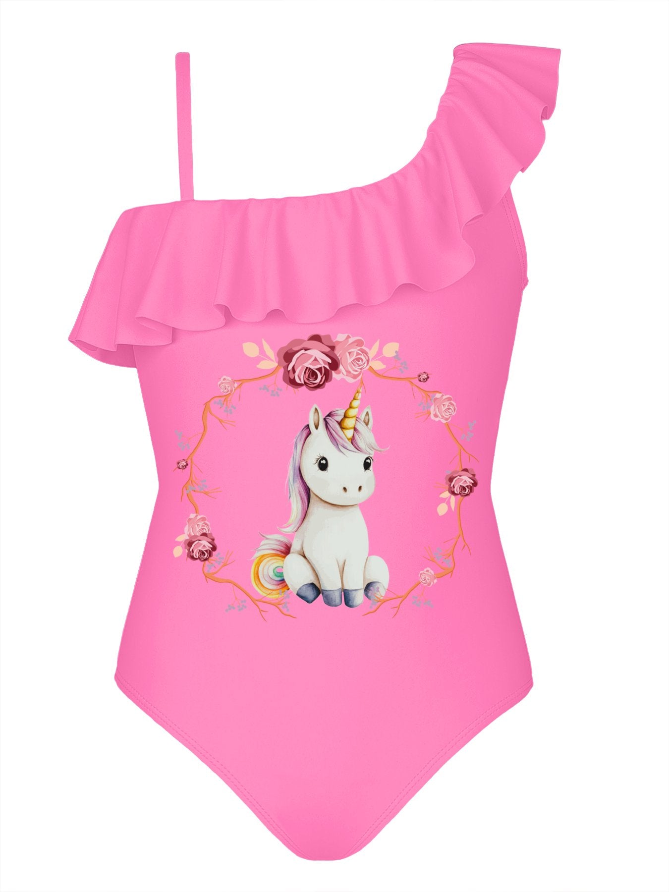 Baby Unicorn with Pink Roses Girls' Ruffled One-Piece Swimsuit (Front Printing)