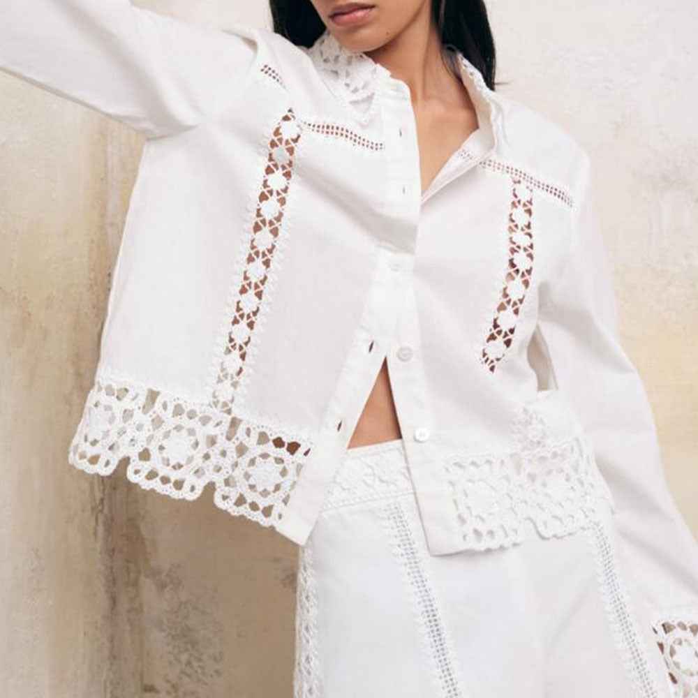 Women's Hollow-Out Patchwork Tassel Coat – Long Sleeve Lapel Button-Down Jacket