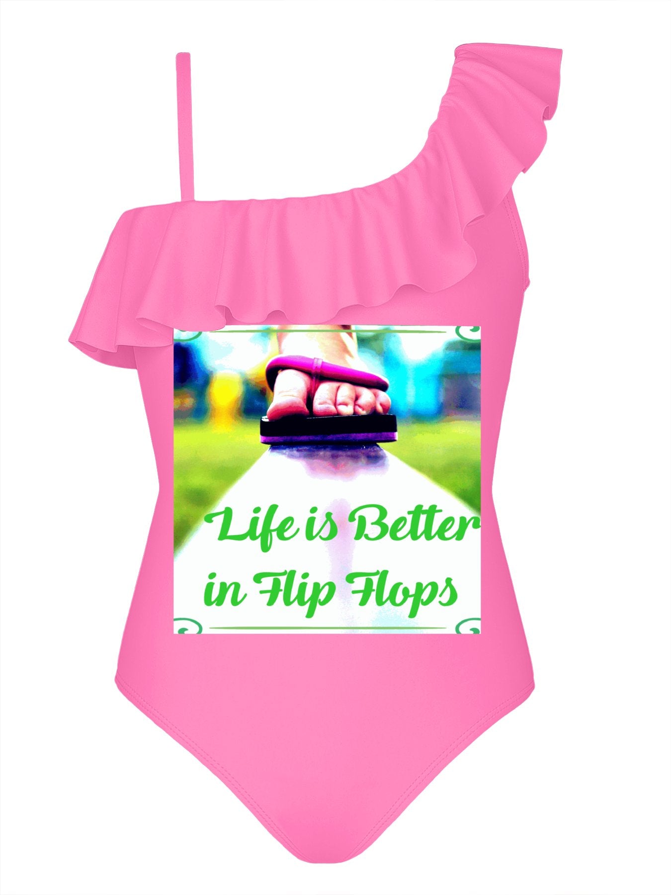 Life is Better in Flip Flops Girls' Ruffled One-Piece Swimsuit with Front Printing