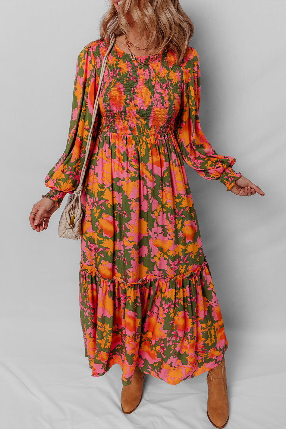 Orange Floral Puff Sleeve Smocked Ruffle Maxi Dress