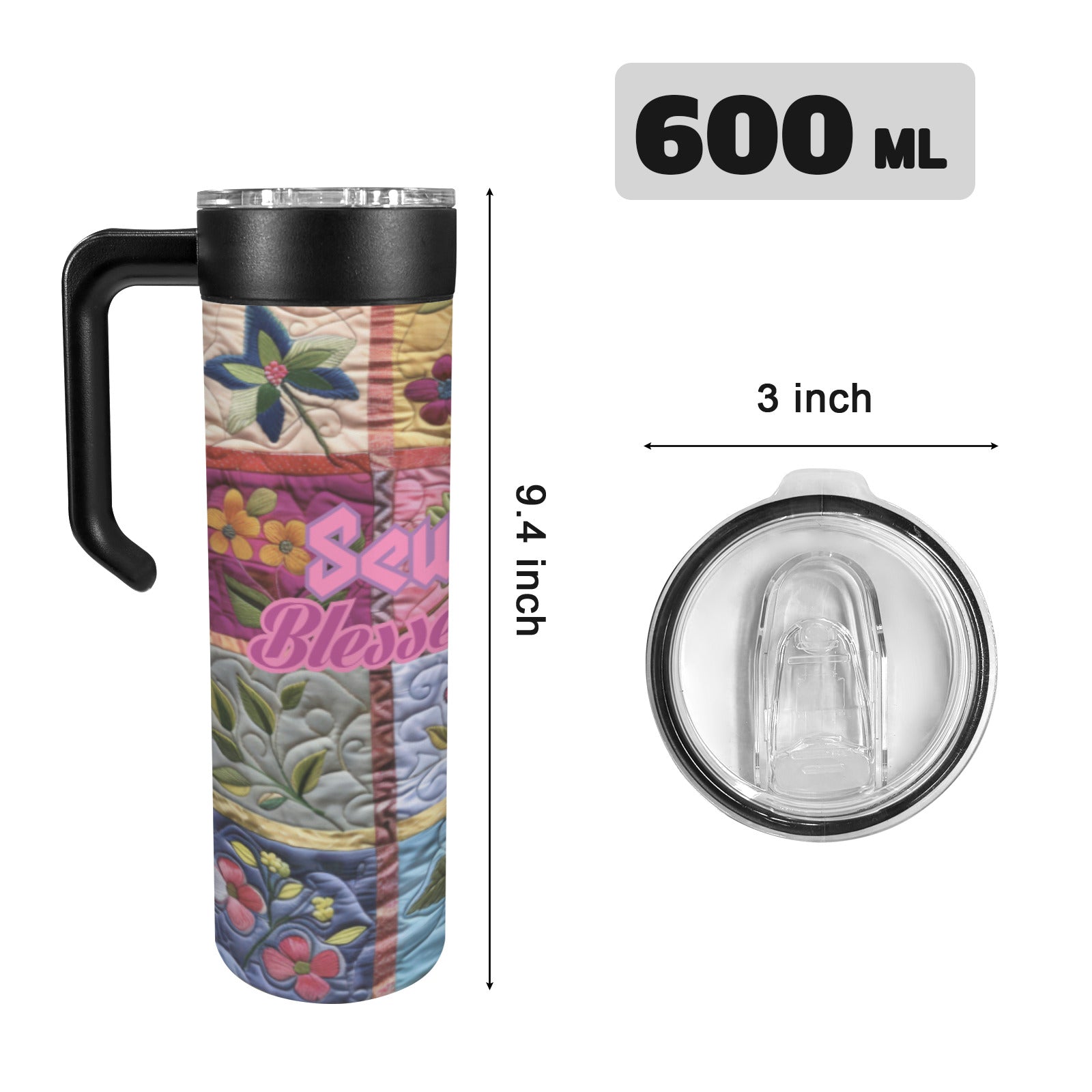Sew Blessed Quilted Design 20 oz Insulated Water Bottle with Handle | Ships from USA