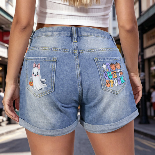 Too Cute to Spook Ghost Light-Wash Blue Denim Shorts (Dual Pockets Print)