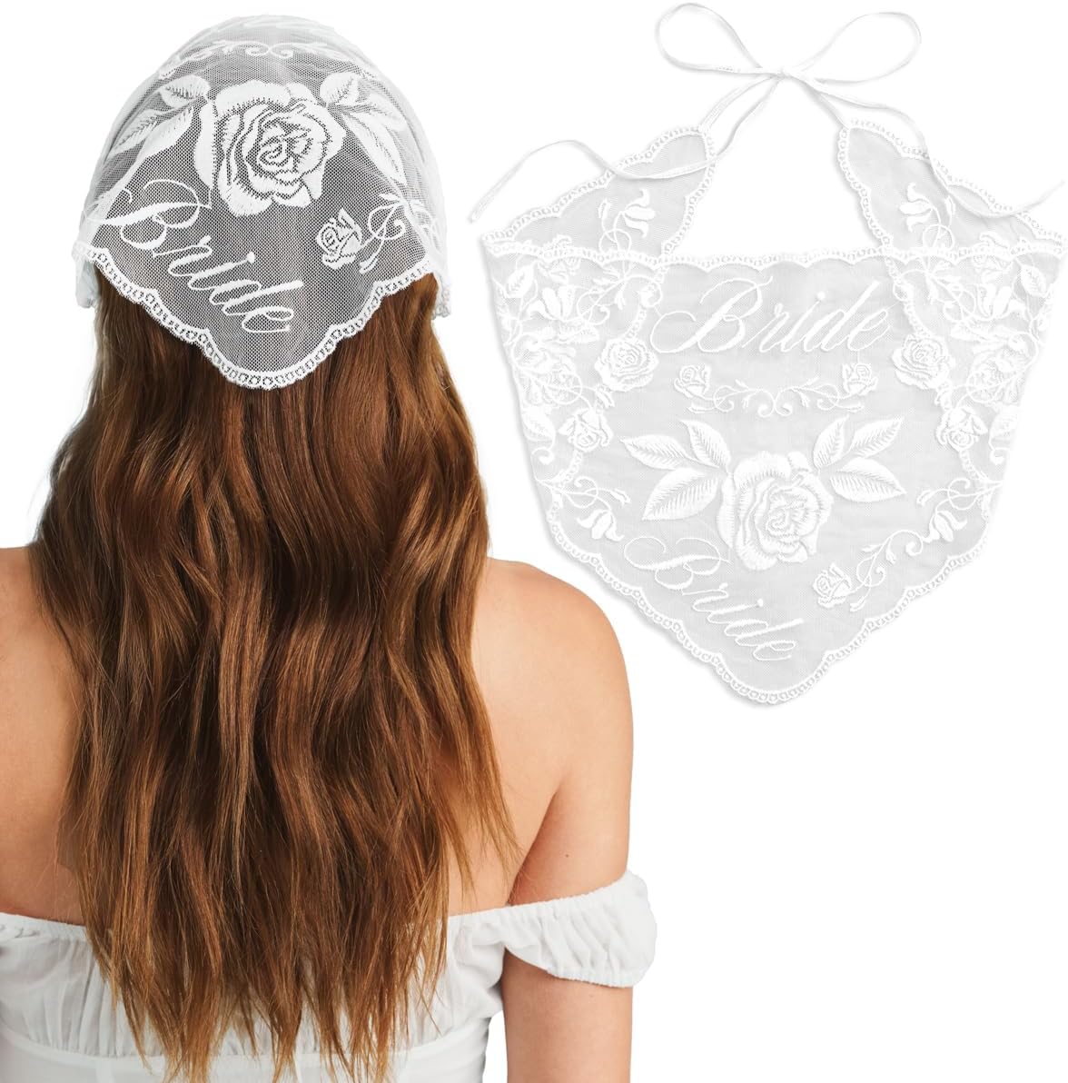 Fetti White Bride Embroidered Design Lace Head Scarf