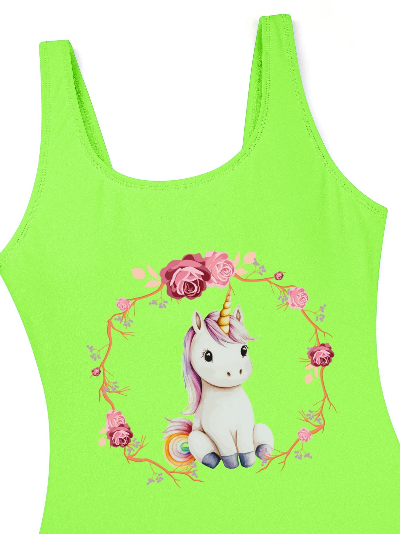 Baby Unicorn with Pink Roses Girls' Summer One-Piece Swimsuit (Front Printing)