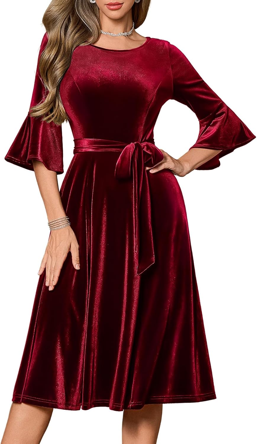HomRain Women's Long Sleeve Velvet Midi Dresses for Wedding Guest Church Formal Winter Christmas Cocktail Party