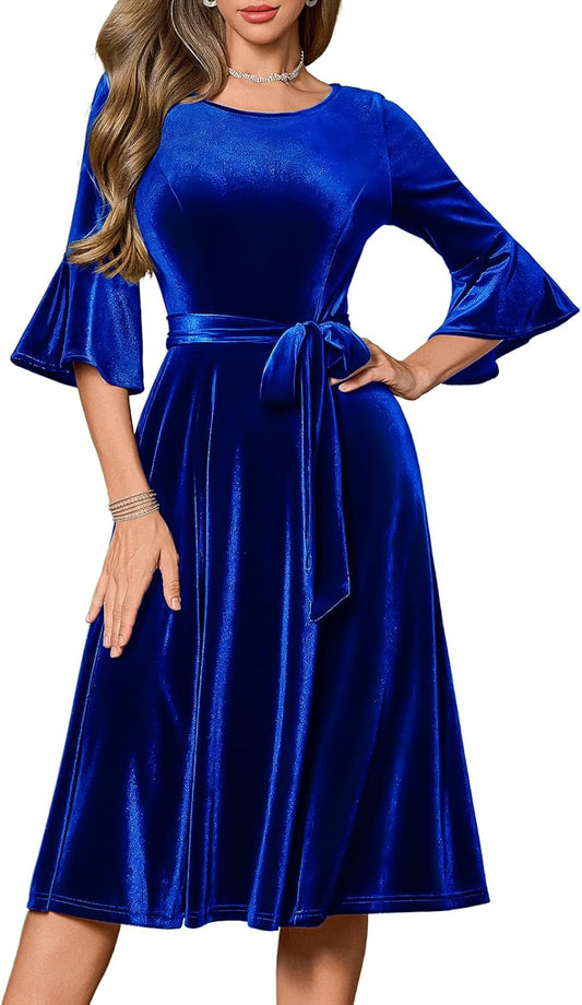 Women's Long Sleeve Premium Velvet Midi Dress