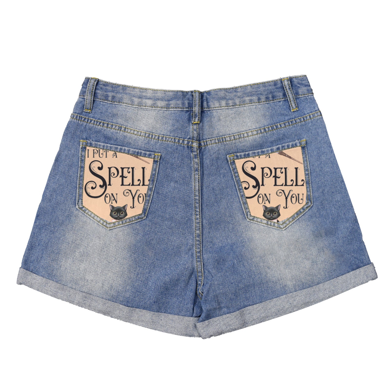 I Put a Spell On You Light-Wash Blue Denim Shorts (Dual Pockets Print)