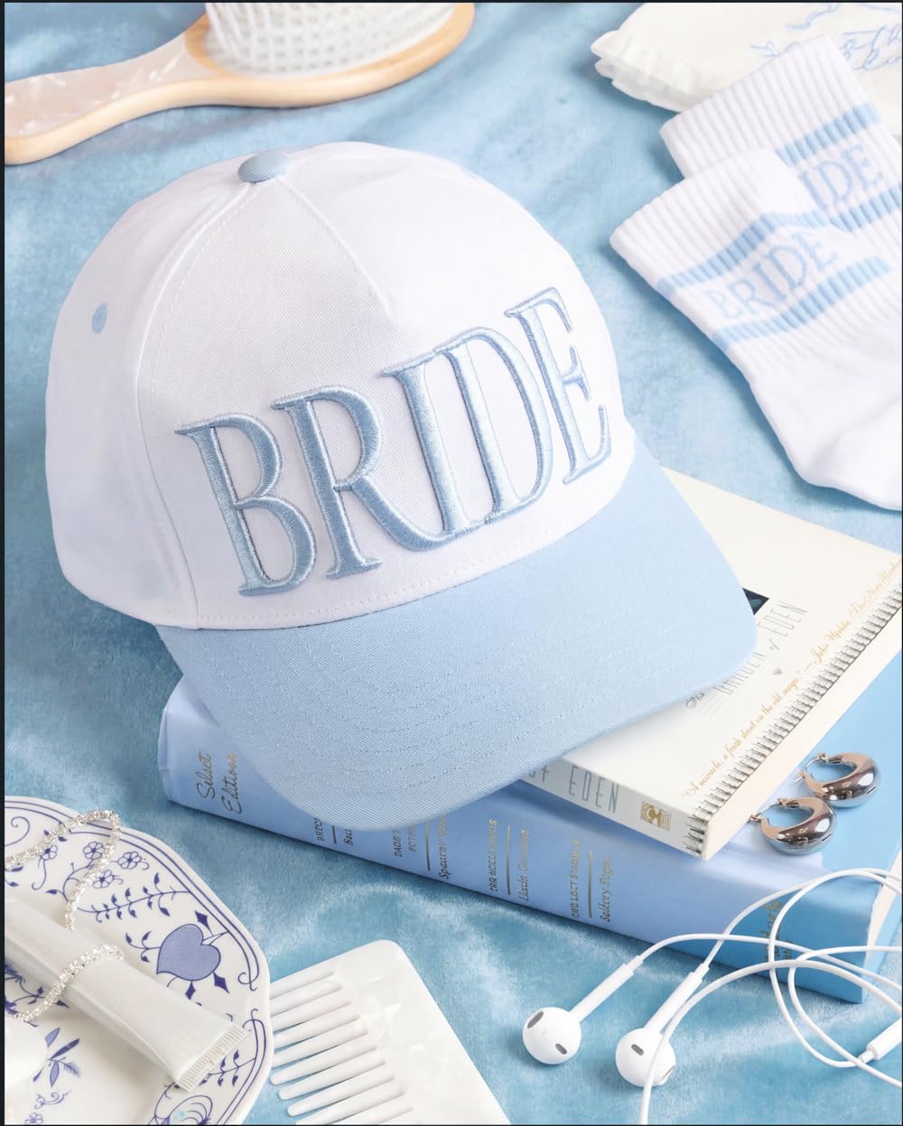Fetti White + Blue Bride Trucker Hat | Bachelorette Accessory, Bridal Headwear, Bach Party Decorations, Bridesmaid Gift, Wedding Cap