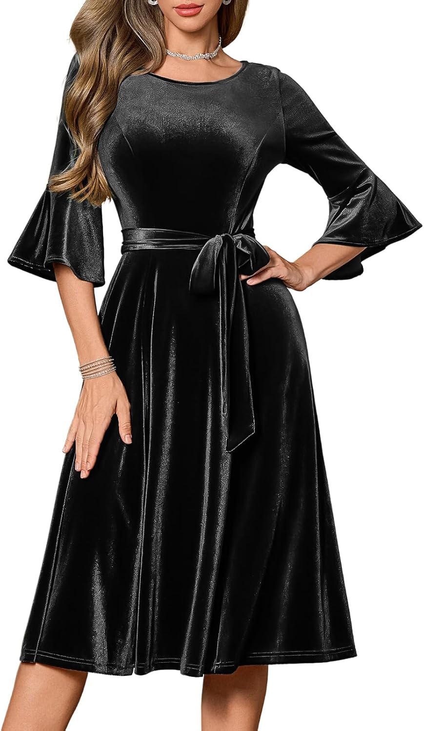HomRain Women's Long Sleeve Velvet Midi Dresses for Wedding Guest Church Formal Winter Christmas Cocktail Party