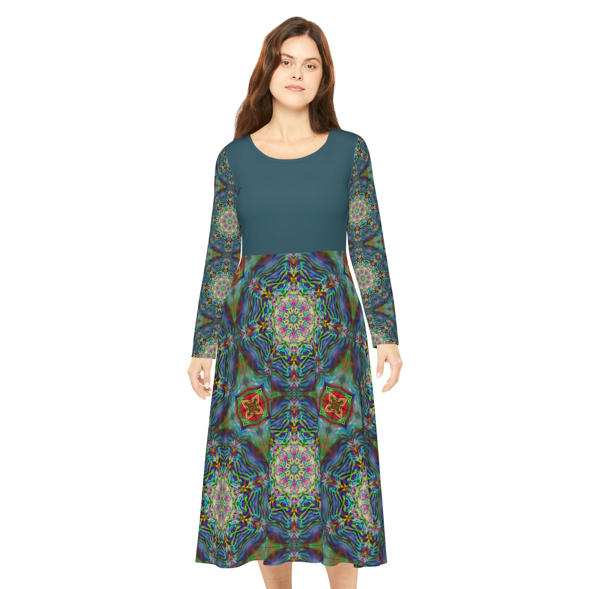 Women's Teal Blue Circle Pattern Printed Midi Dress