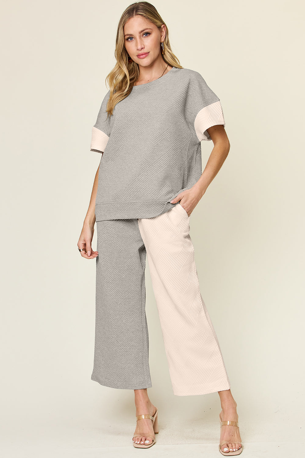 Double Take Full Size Texture Contrast Shirt and Pants Outfit