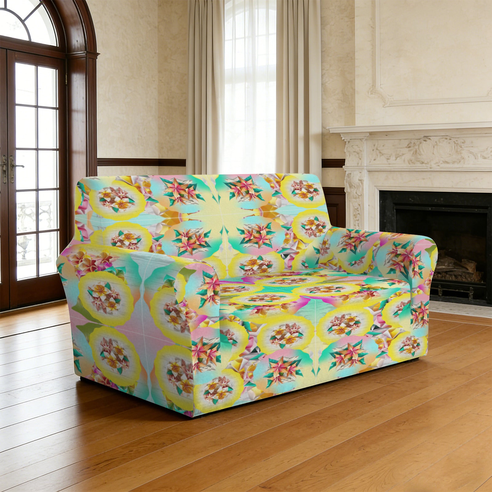 Circle Floral Pastel Pattern Two Seater Sofa Cover | Shipped from USA