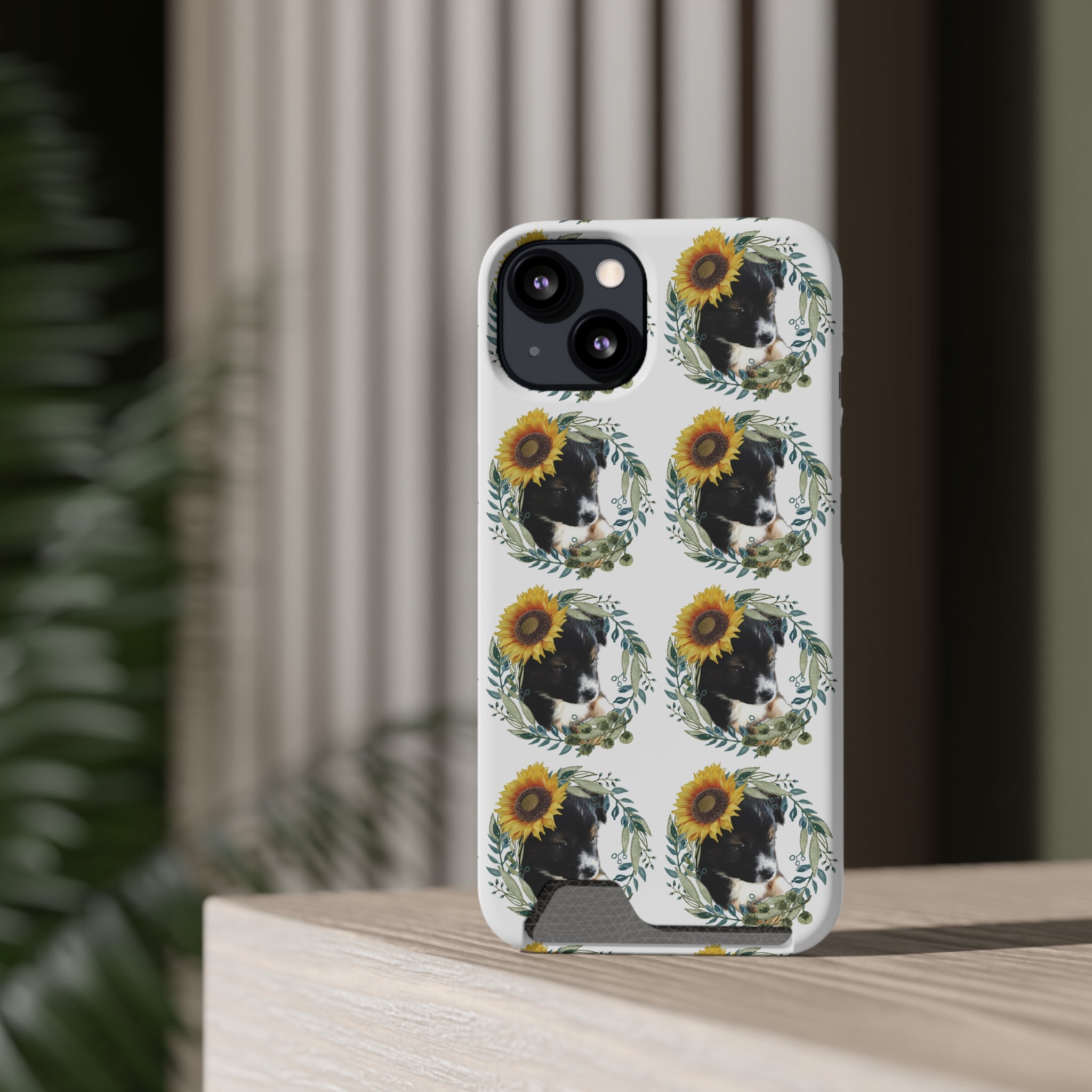 Cute Black Puppy with Sunflowers Phone Case With Card Holder