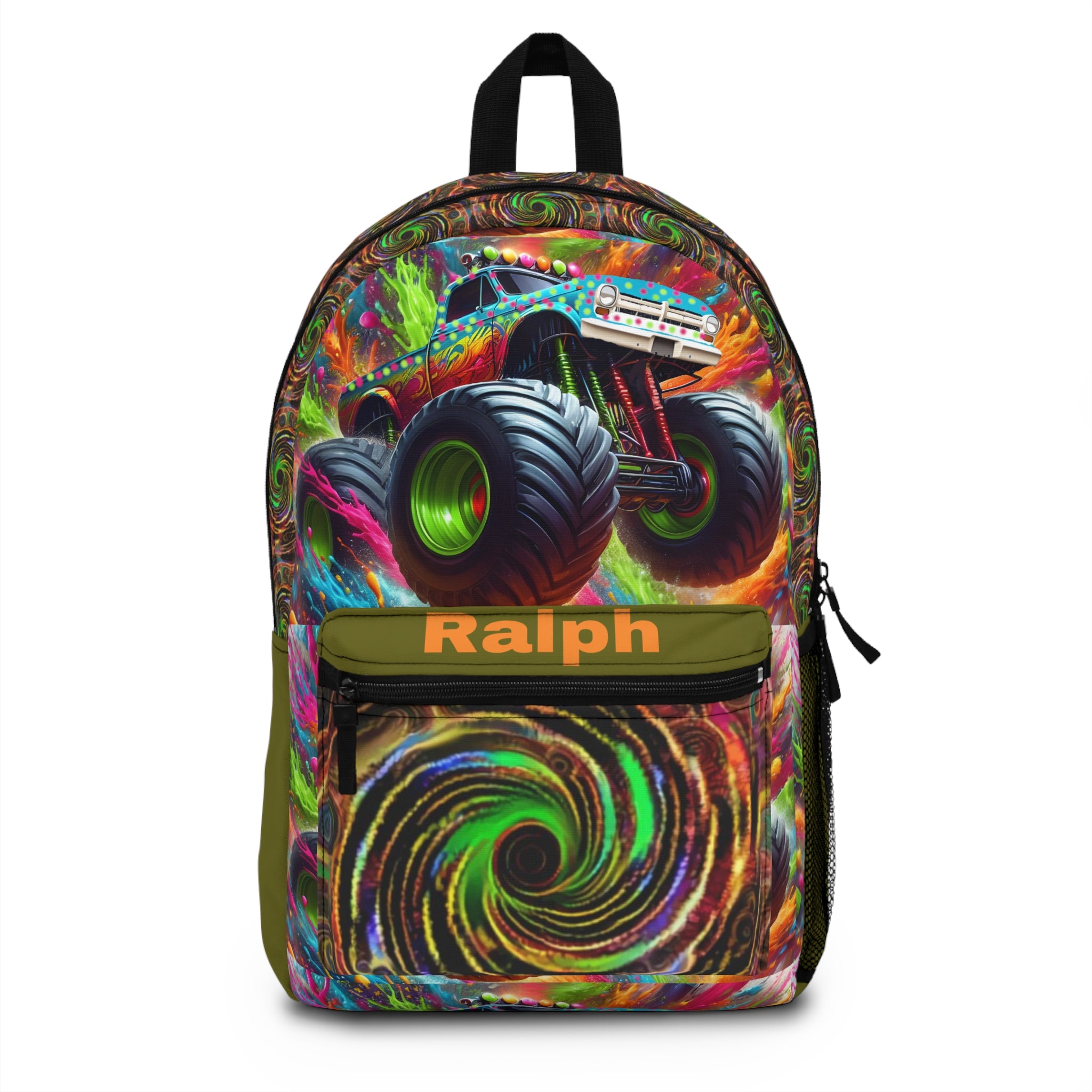Monster Truck Backpack — Personalized  Name Kids School Bag with Neon Swirl Design