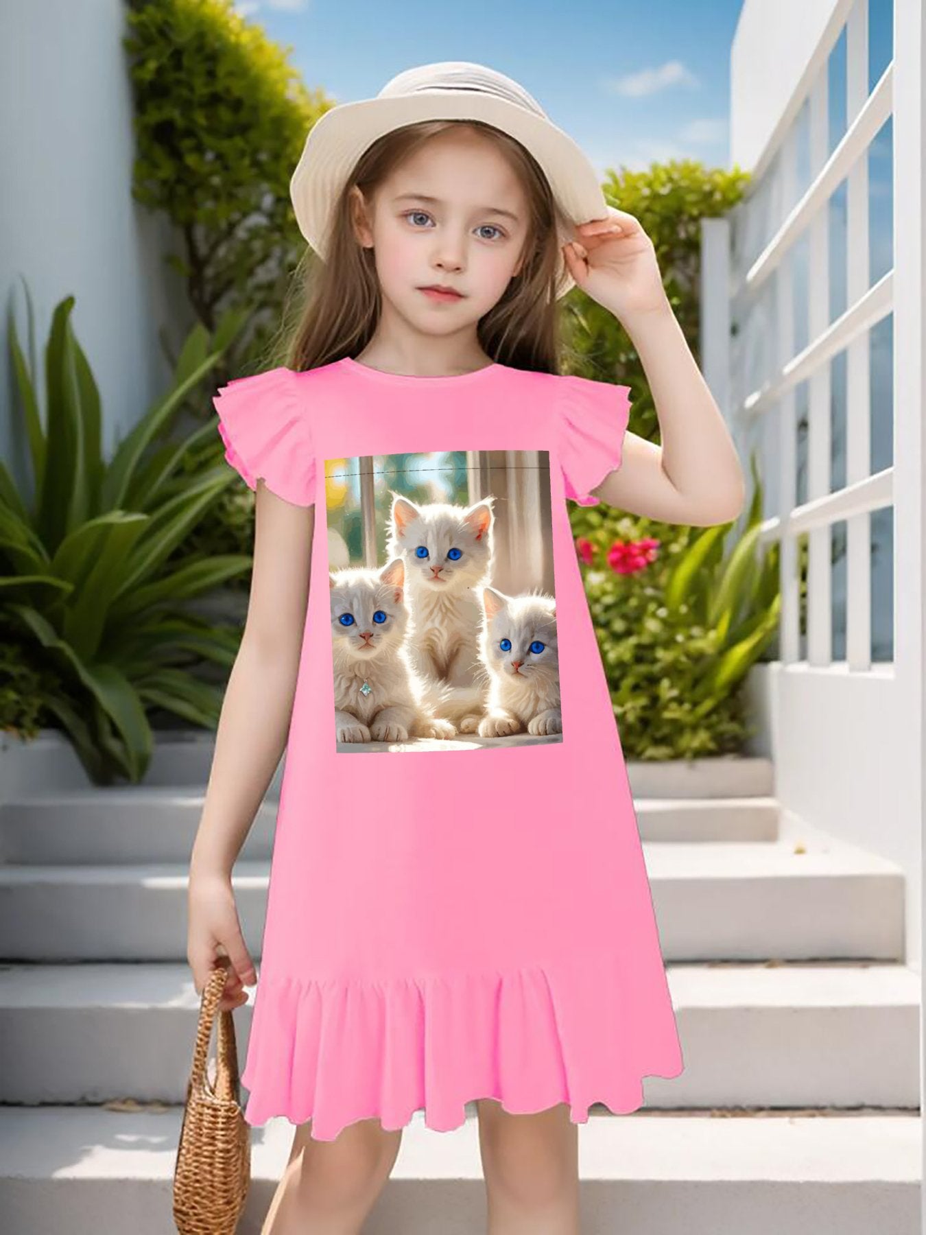 Fluffy White Kittens with Blue Eyes Flutter Sleeve Dress for Girls (Front Printing)