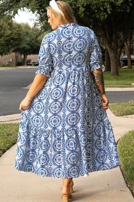 Print Lace-up Notch Neck Plus Size Maxi Dress