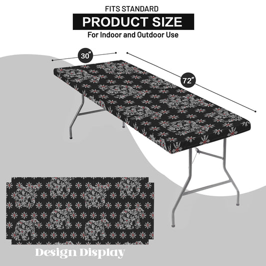 Chinoiserie Christmas Polar Bear Black Elastic Fitted Tablecloth - 72" x 30" (Made in USA)