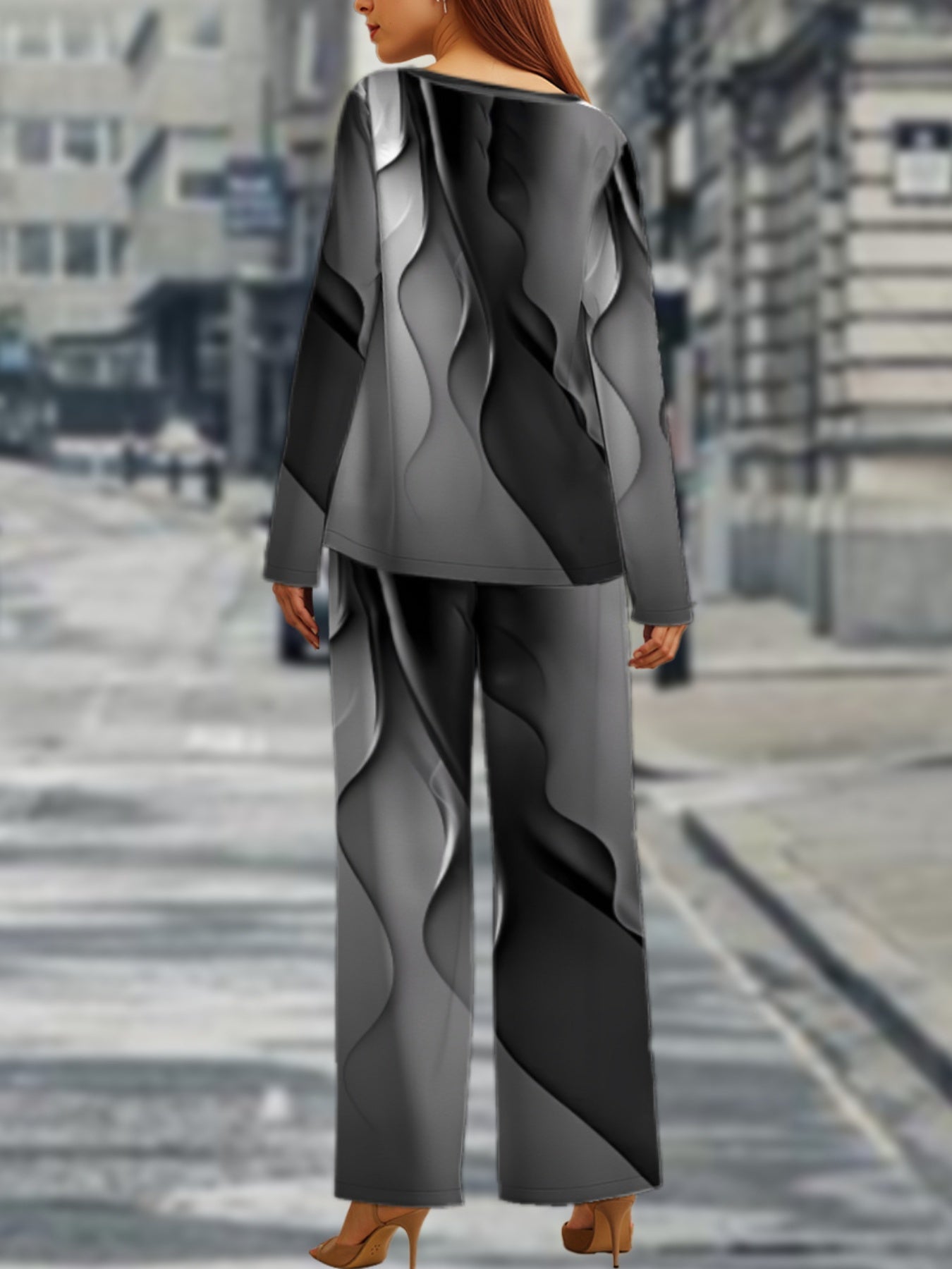 Vibrant  Geometric Plus Size Long Sleeve Top  Pants Set