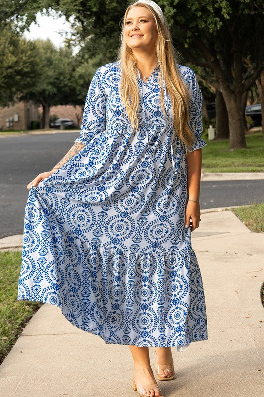 Print Lace-up Notch Neck Plus Size Maxi Dress