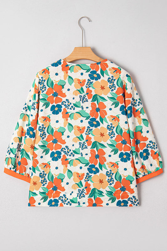 Floral Frilled V-Neck 3/4 Sleeve Blouse