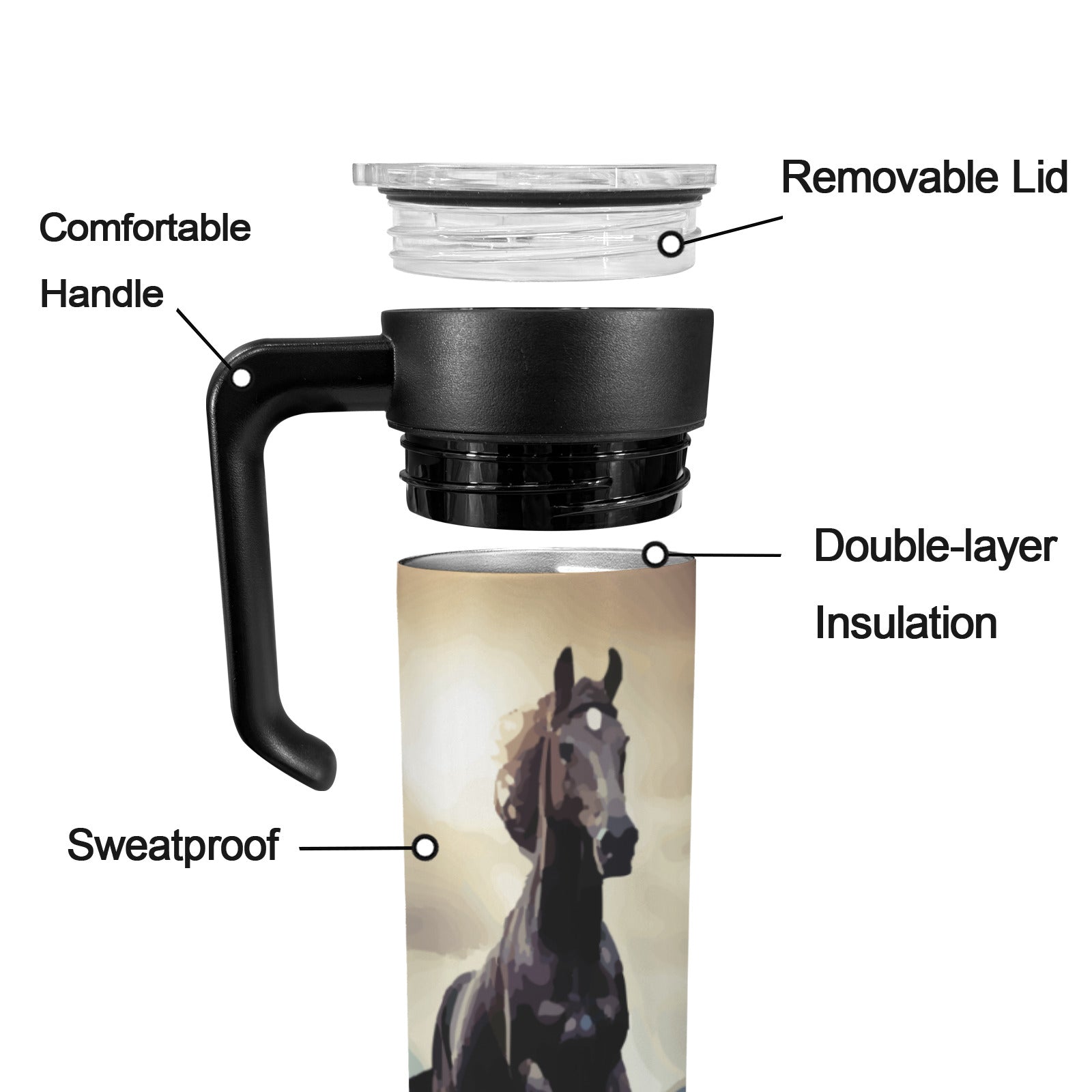 Wild Black Horse 600ml Insulated Water Bottle with Screw On Handle