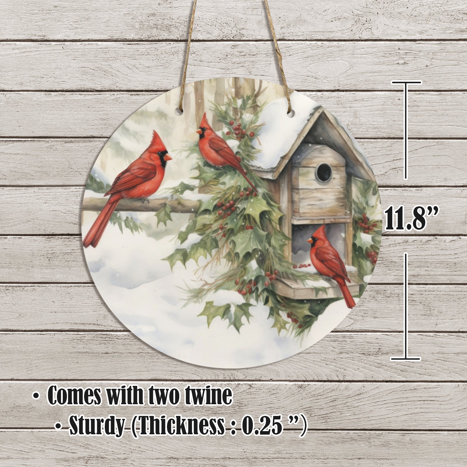 Red Birds in Snow Round Wooden Door Sign 11.8'' (Made in USA)