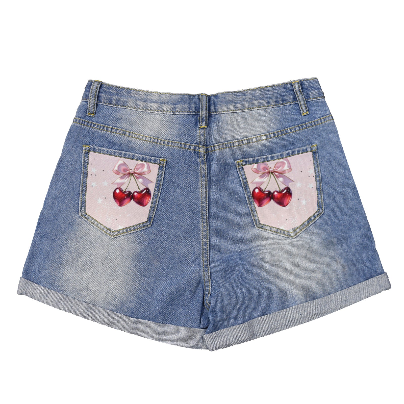 Cherries with Bow on Top Light Blue Denim Shorts with Dual Pockets Design