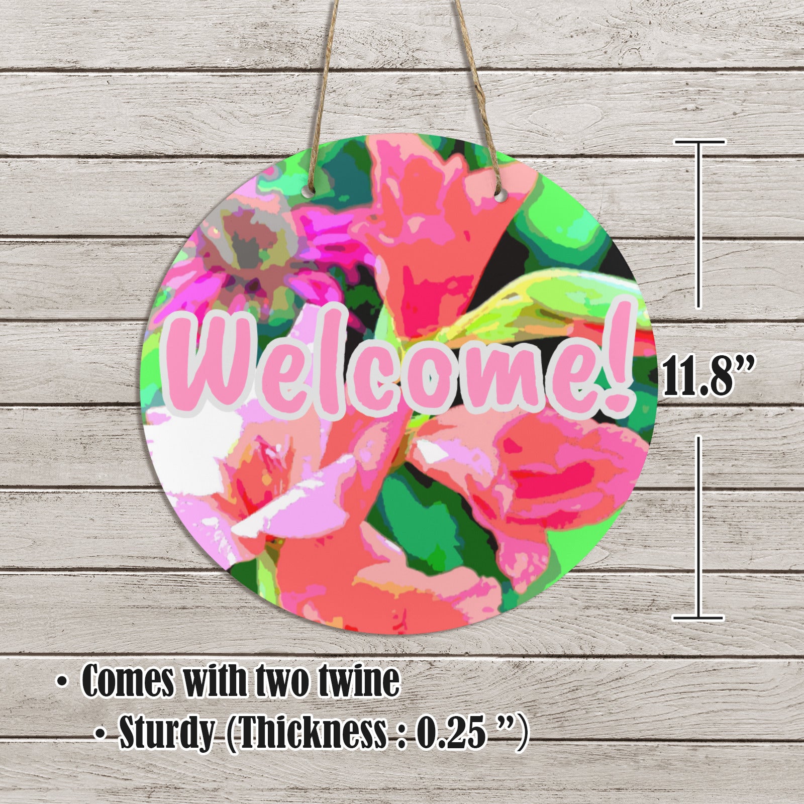 Pink Flowers Welcome Round Wooden Door Sign 11.8'' (Made in USA)