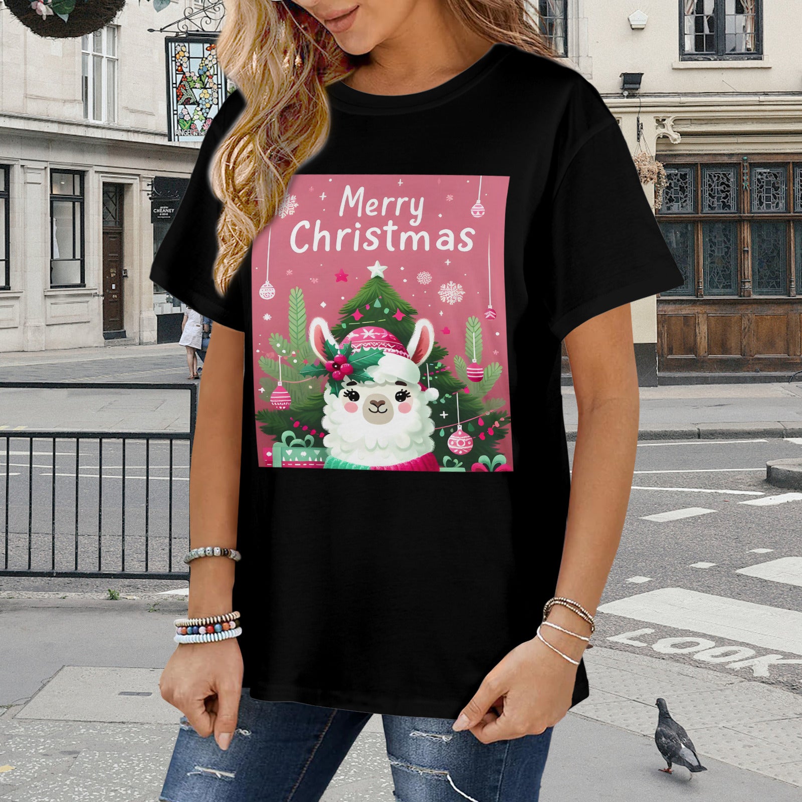 Pink Merry Christmas Llama Design Women's T-Shirt (Made in USA)
