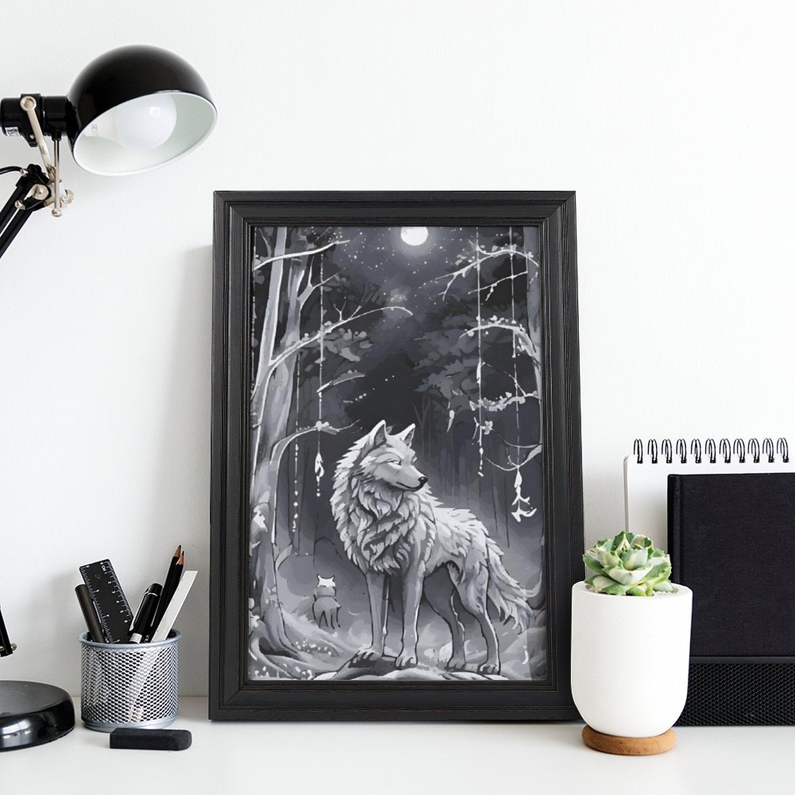 Ethereal Wolf in the Moonlight Framed Vertical Canvas Wall Art Print - 16