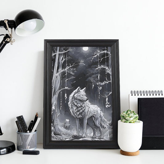 Ethereal Wolf in the Moonlight Framed Vertical Canvas Wall Art Print - 16" × 24"