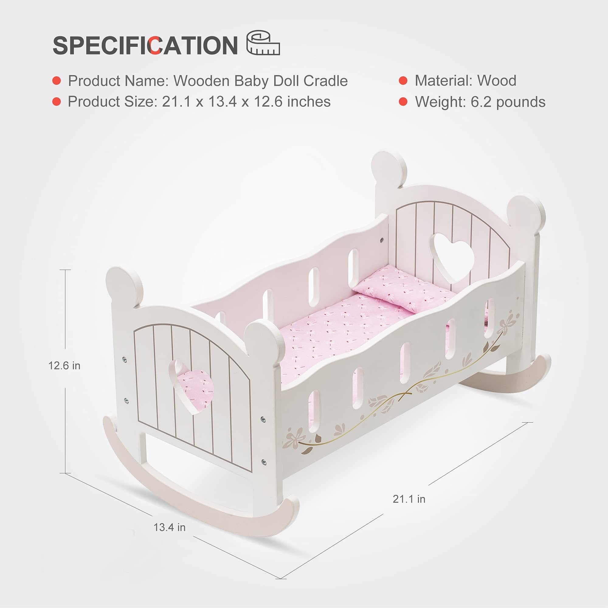 Wooden Doll Bed Cradle with Bedding For Dolls Up to 18 Inches