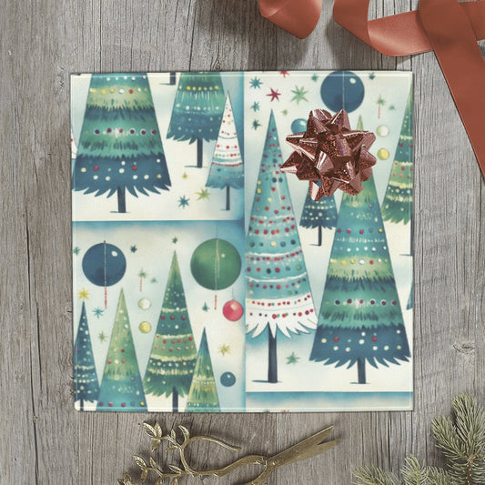 A square gift box wrapped in a festive Christmas-themed patterned paper, decorated with a metallic red bow. The wrapping paper features a retro design of stylized Christmas trees in shades of teal, green, and blue, accented with colorful ornaments.