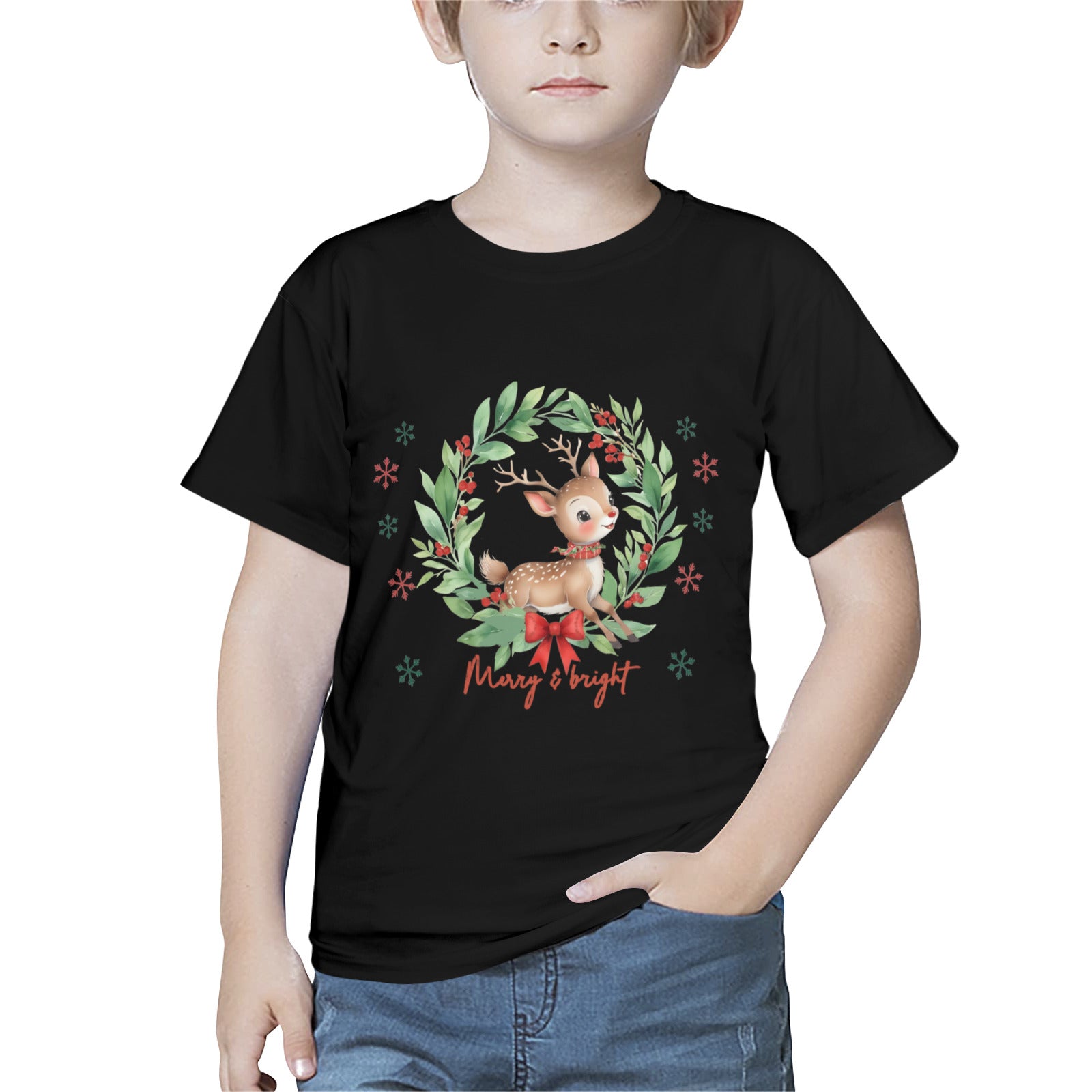 Merry & Bright Reindeer Christmas Kids' Black T-Shirt (Made in USA)