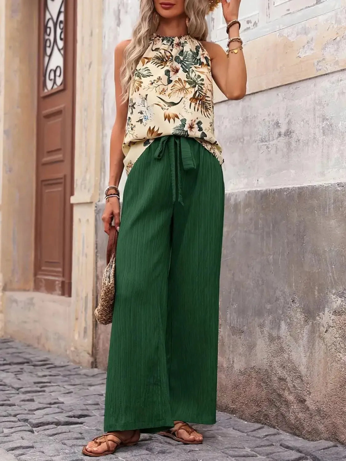 Women's Printed Tank Top and Wide Leg Pants Set Outfit