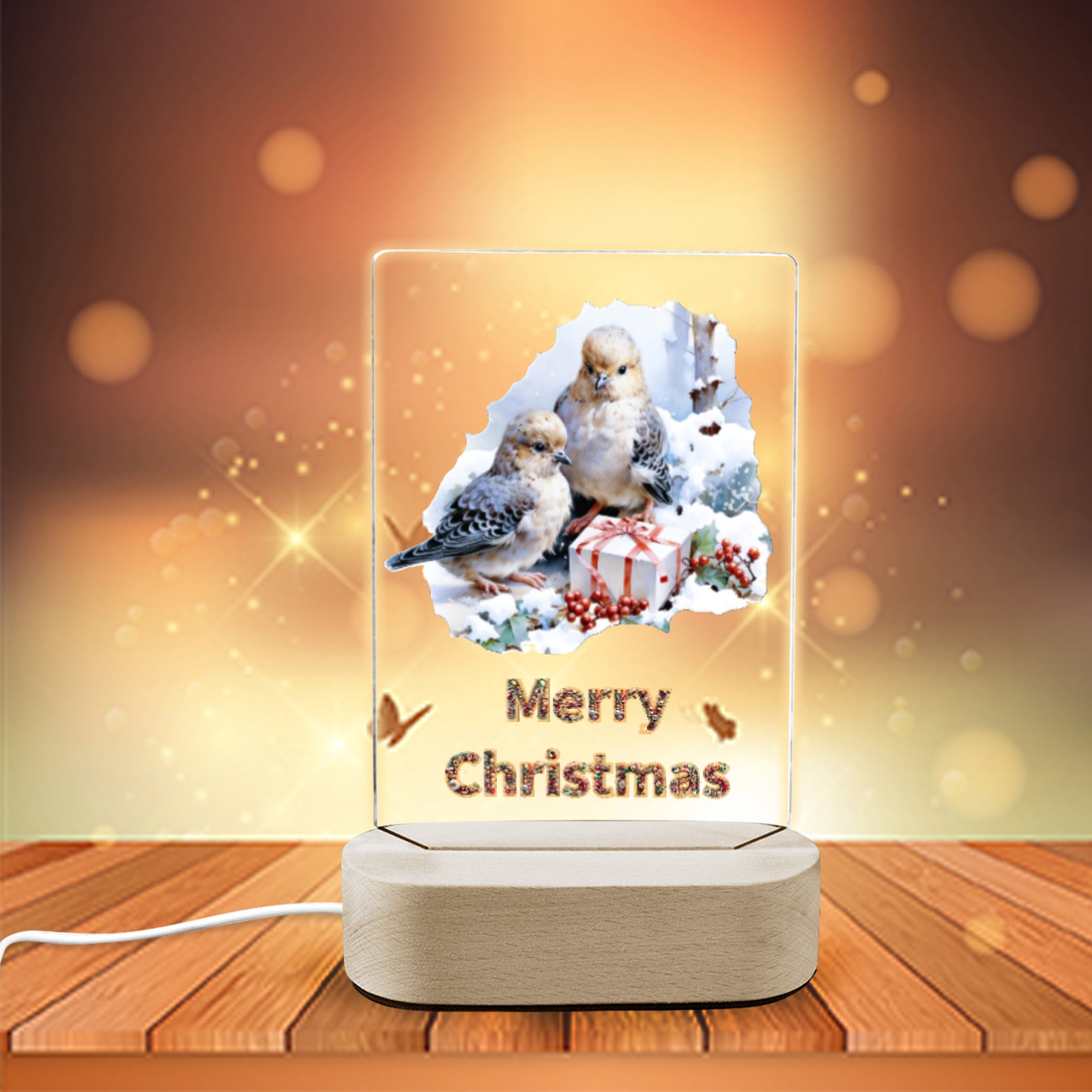 Merry Christmas Birds Acrylic Photo Panel with Lighted Stand (Made in USA)