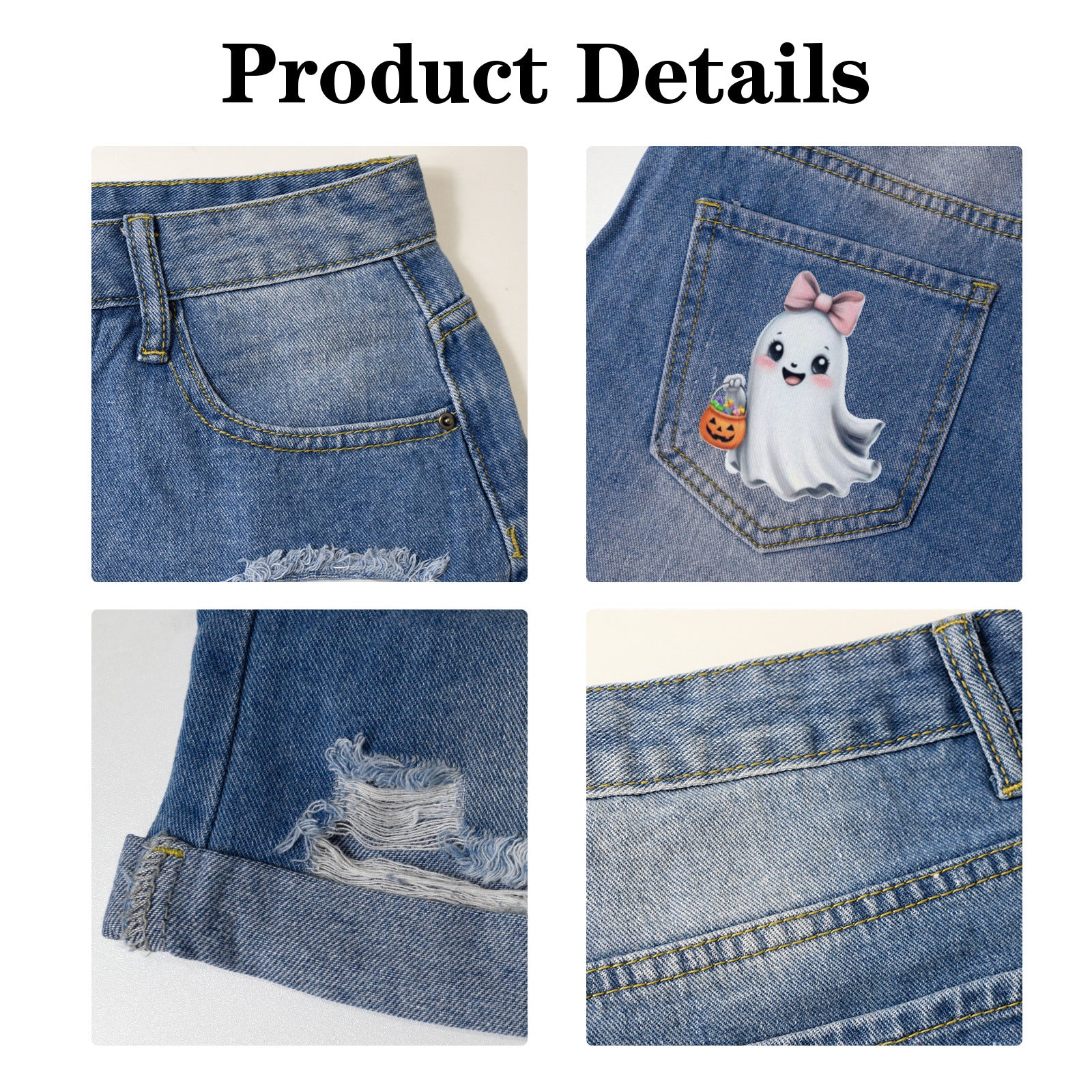 Too Cute to Spook Ghost Light-Wash Blue Denim Shorts (Dual Pockets Print)