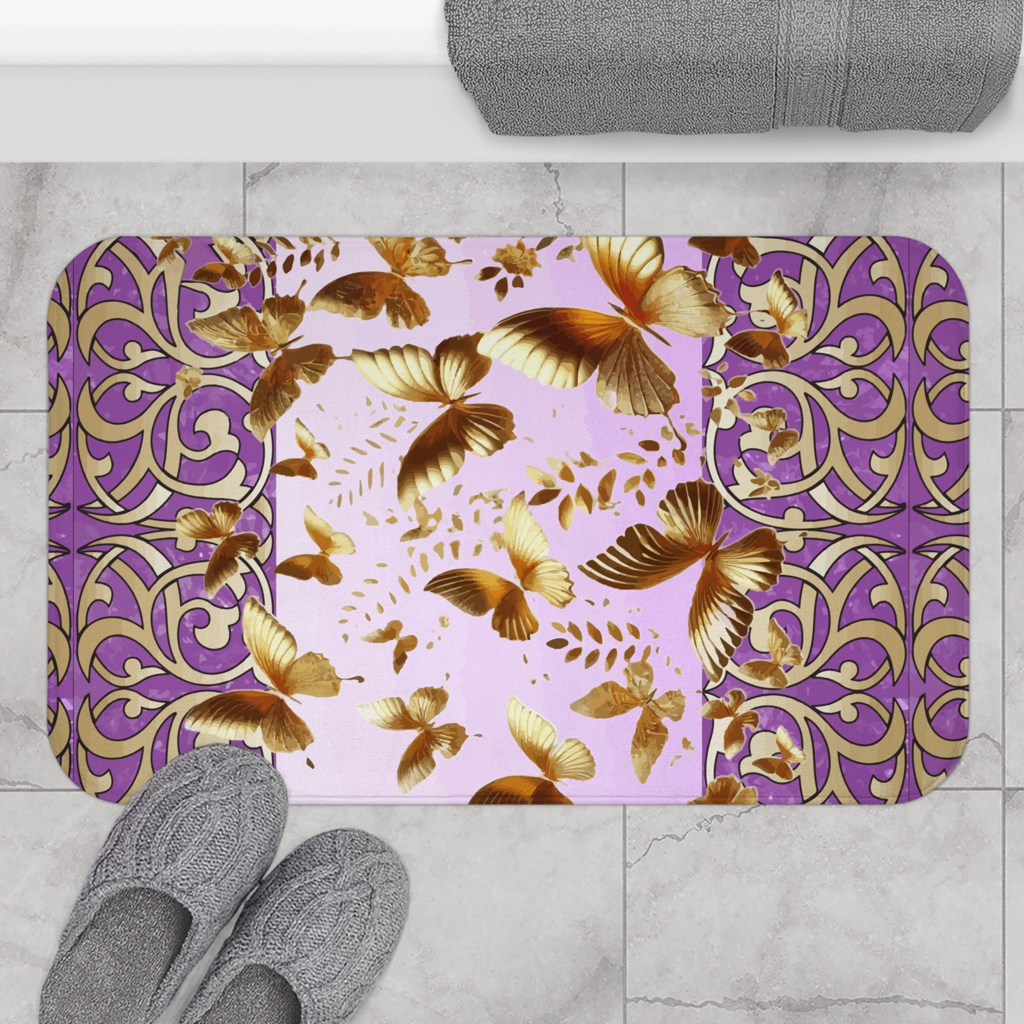 Golden Butterflies Flying Away Bath Mat