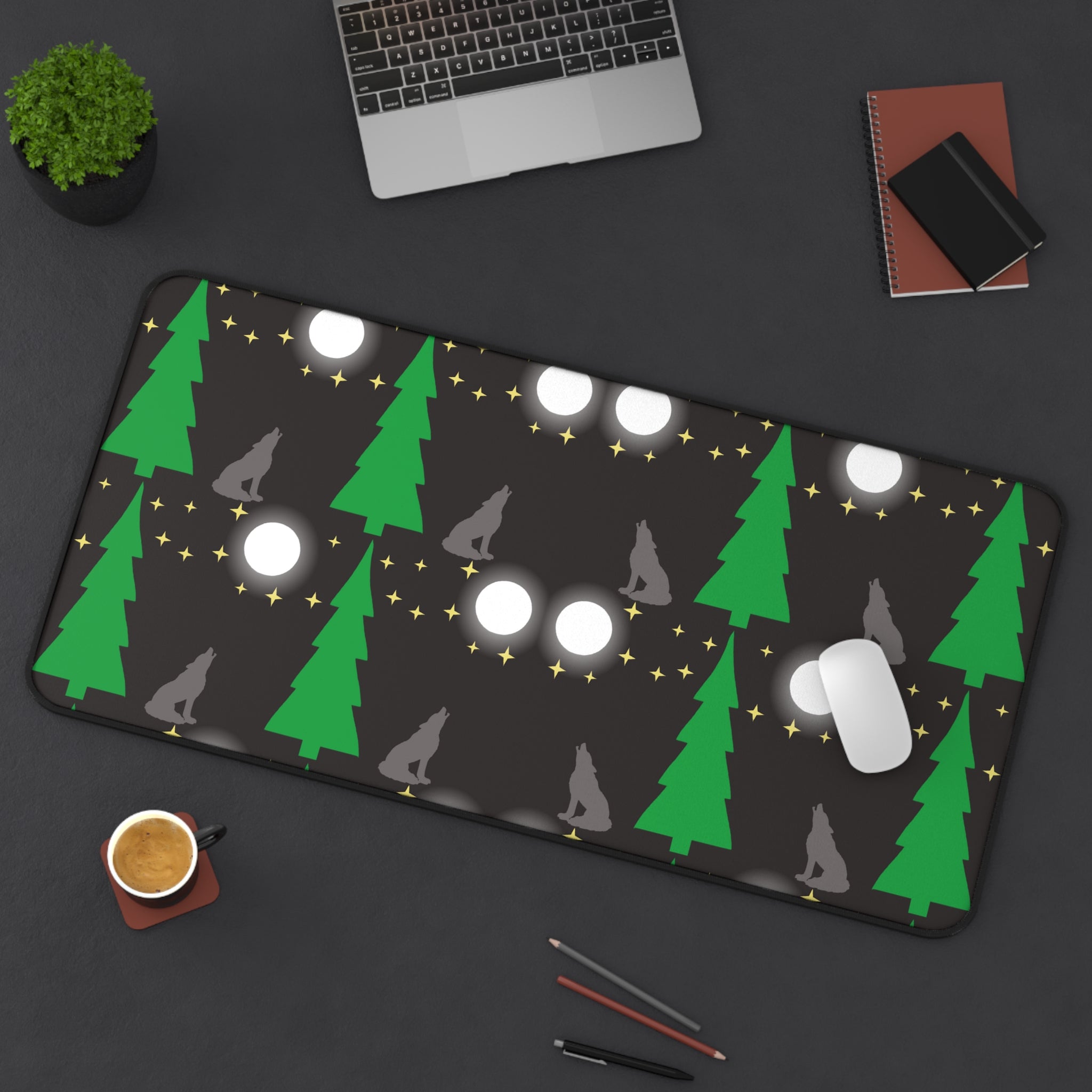 Grey Wolves Howling at the Moon Desk Mat