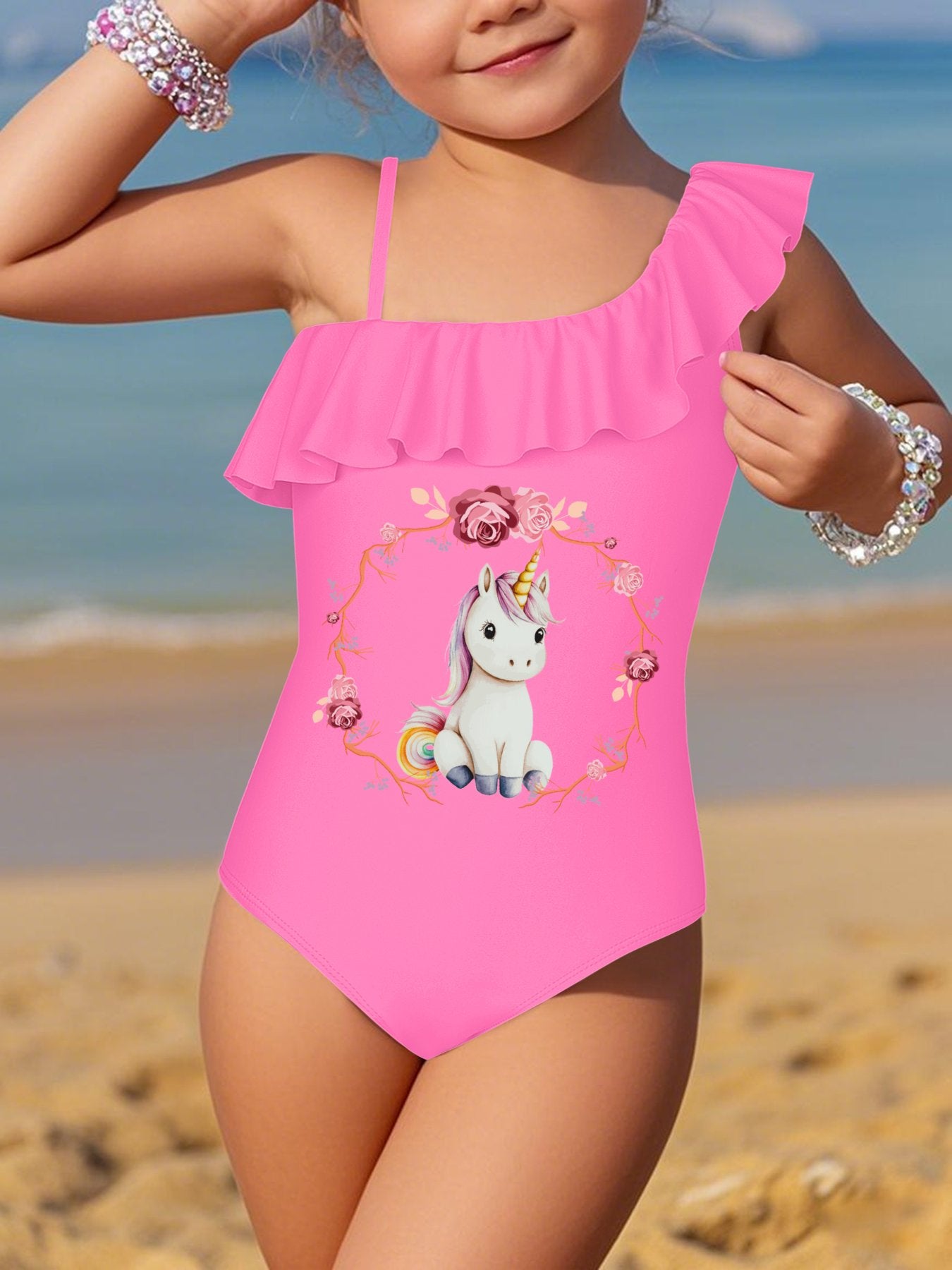 Baby Unicorn with Pink Roses Girls' Ruffled One-Piece Swimsuit (Front Printing)