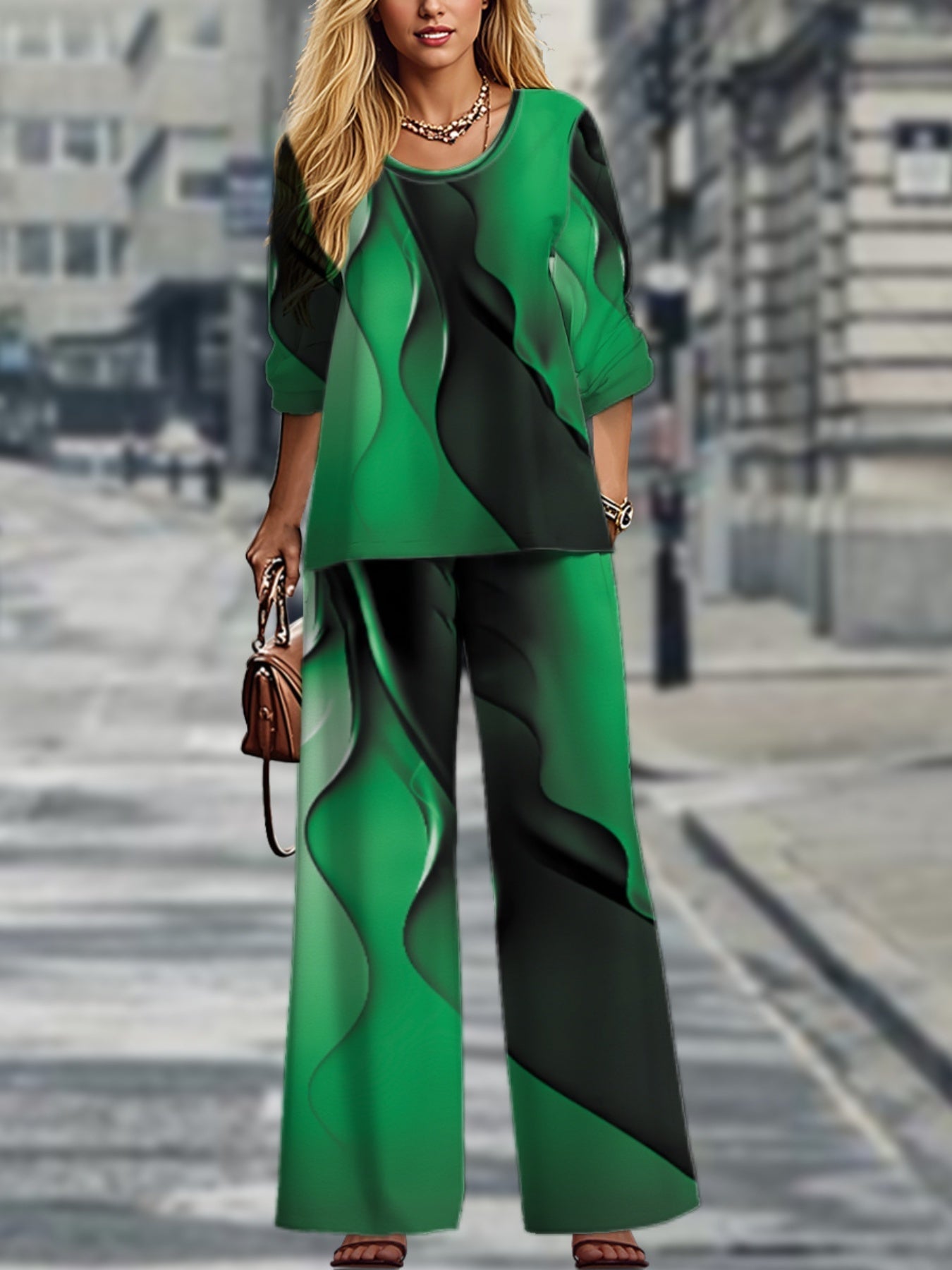 Vibrant  Geometric Plus Size Long Sleeve Top  Pants Set