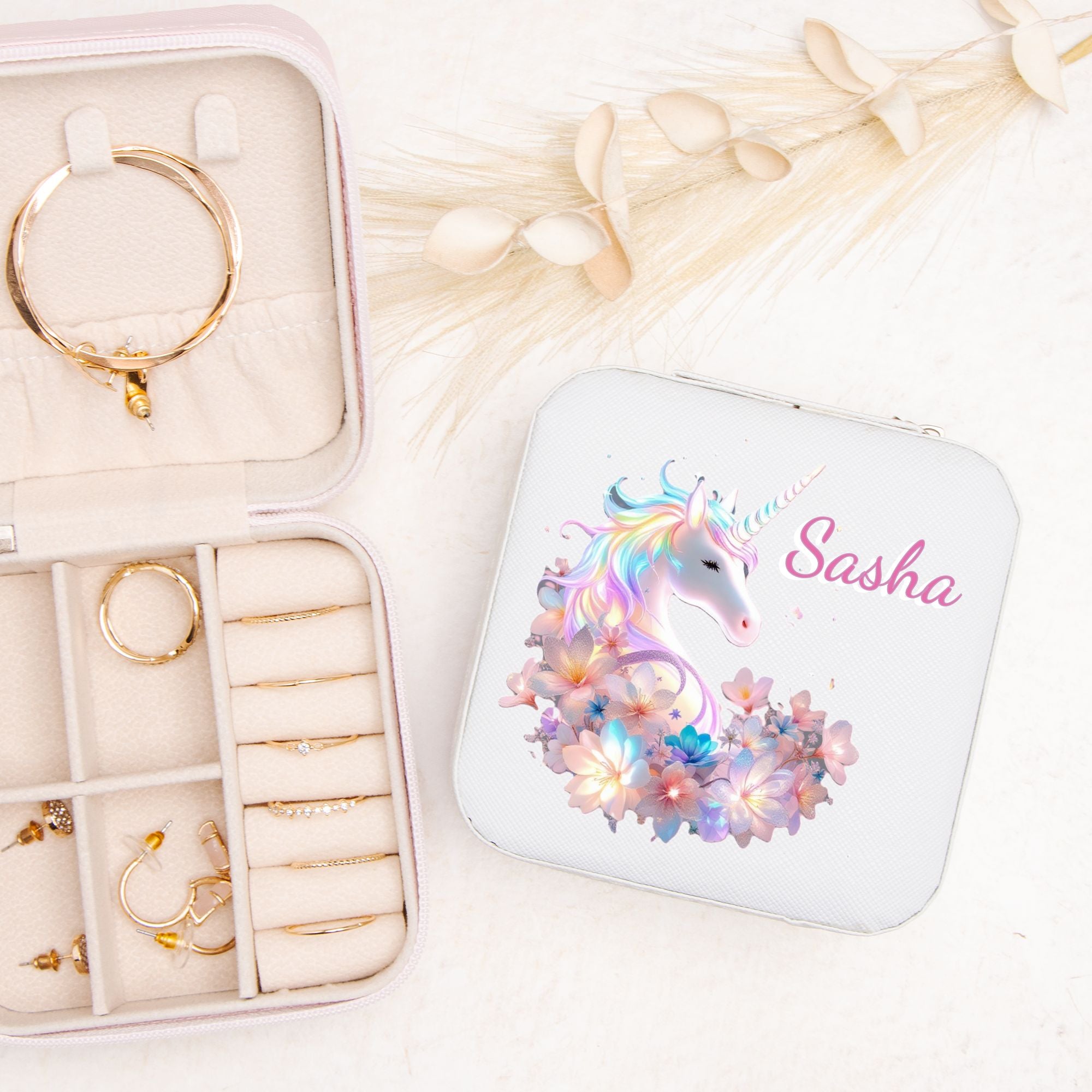 Beautiful Unicorn Jewelry Box Travel Case with Custom Name