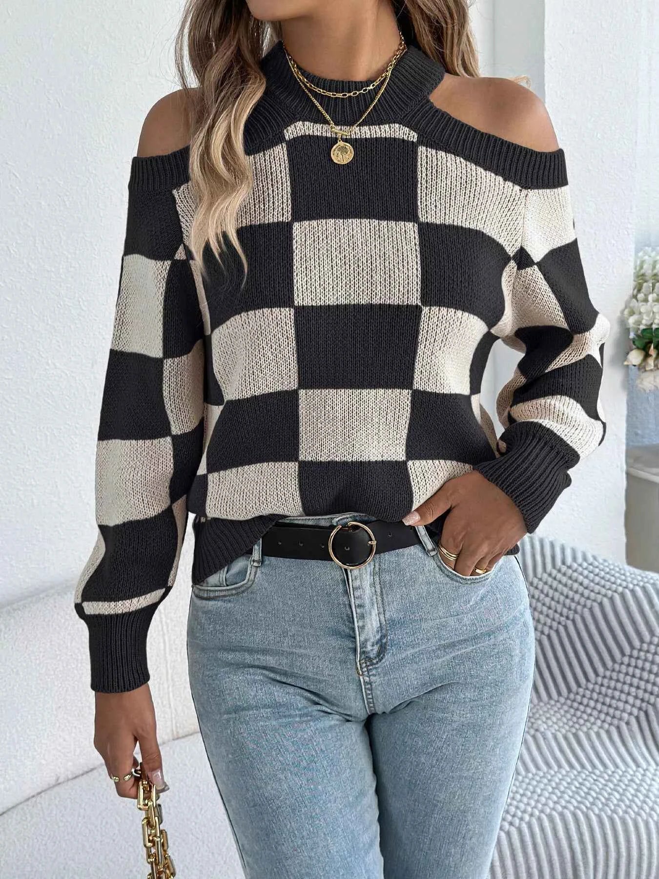 Cold Shoulder Checkered Long Sleeve Sweater
