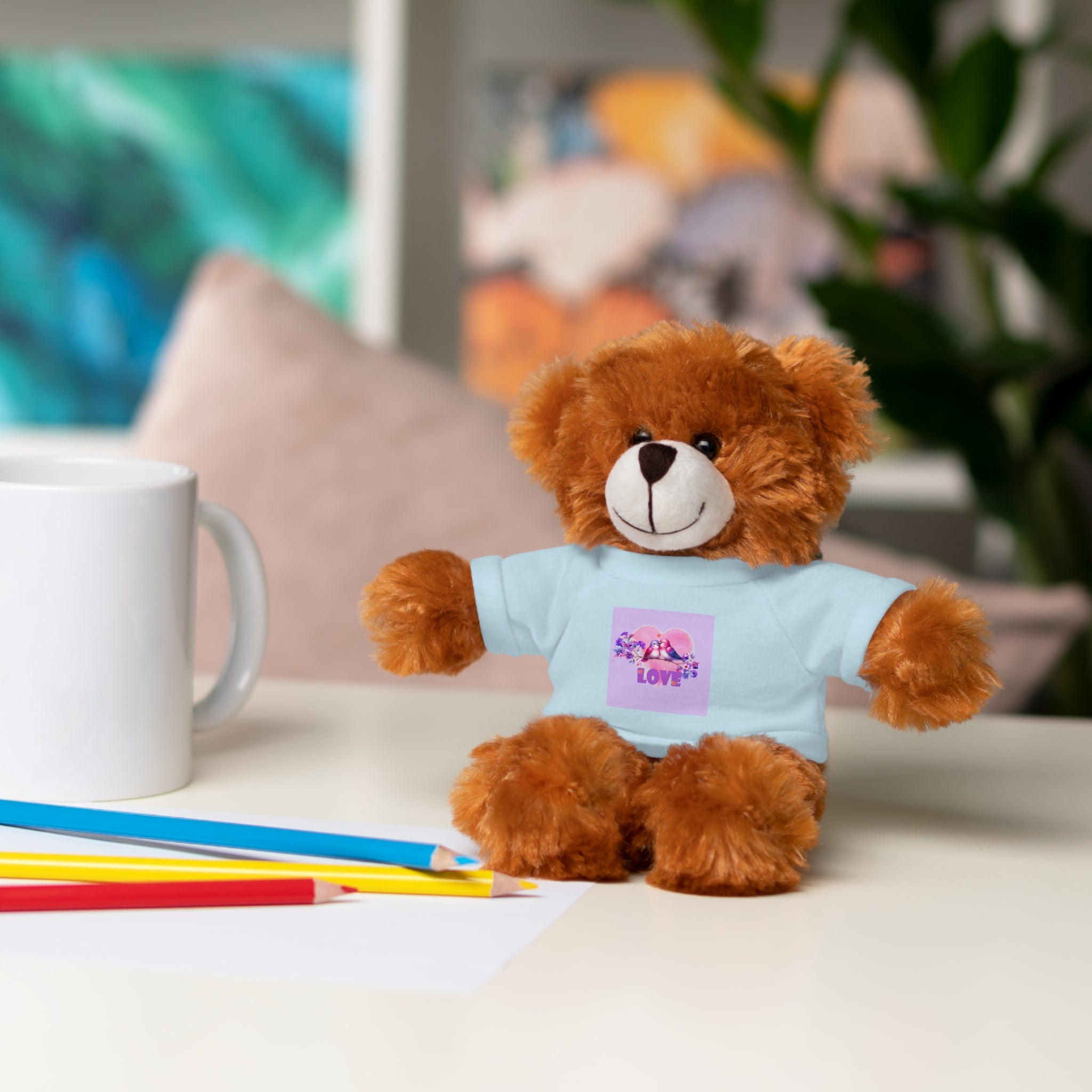 Stuffed Animal Wearing T-shirt of Love Birds