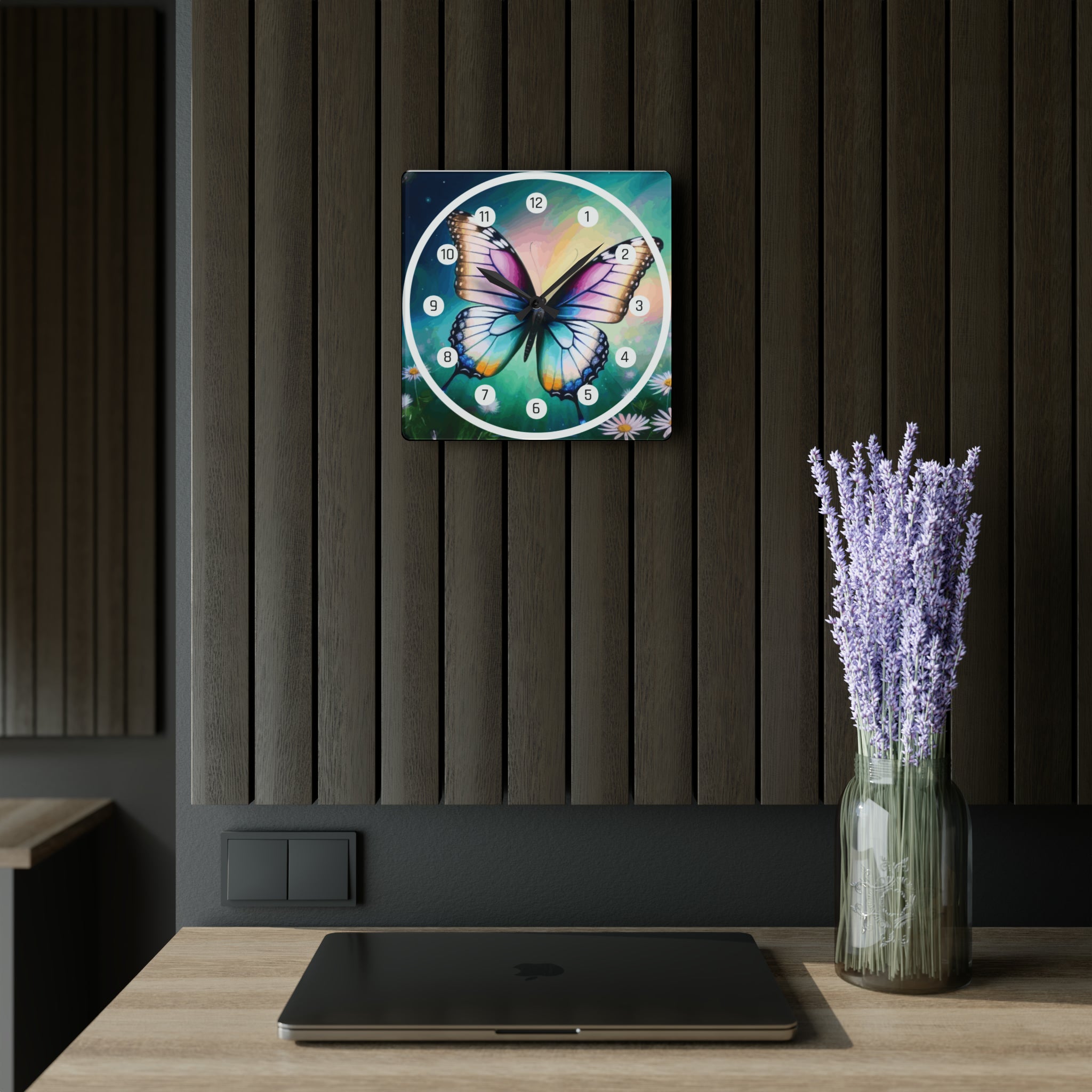 Beautiful Butterfly and Daisies Acrylic Wall Clock