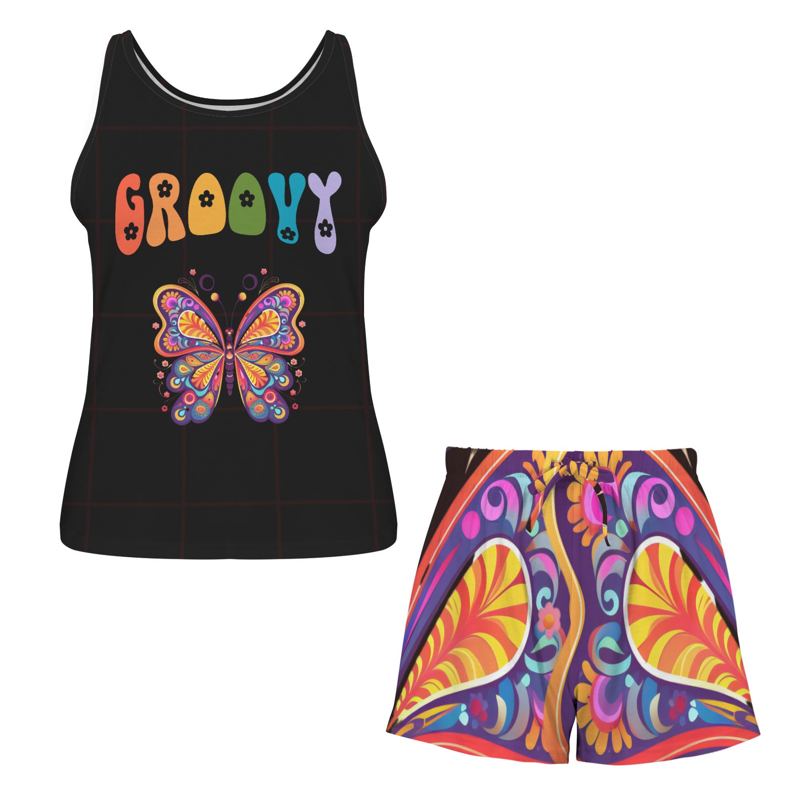 Groovy Butterfly Women's 2-piece Tank Top Pajama Shorts Set (Made in USA)