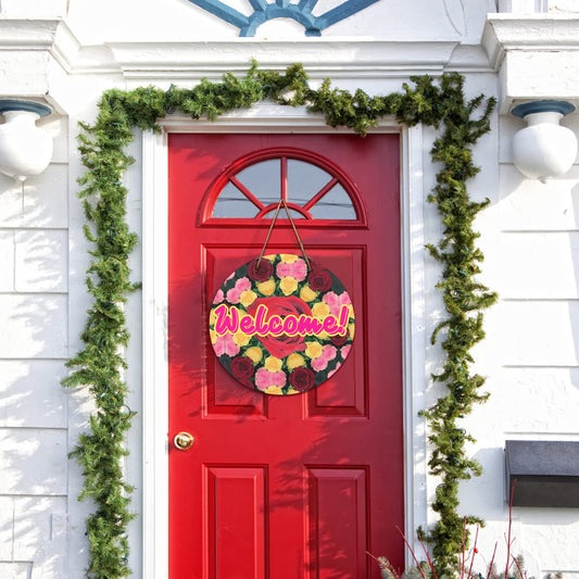 Red and Yellow Roses Round Wooden Door Sign 11.8'' (Made in USA)