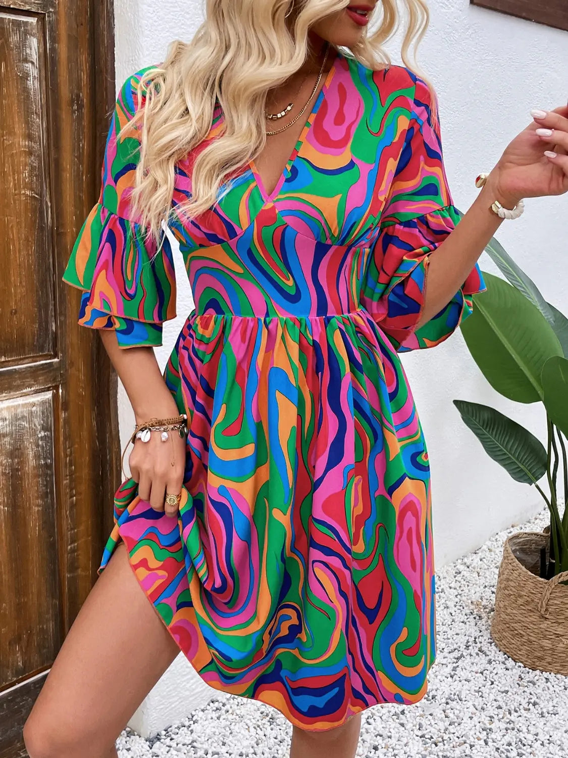 Ruffled Colorful Printed V-Neck Half Sleeve Mini Dress