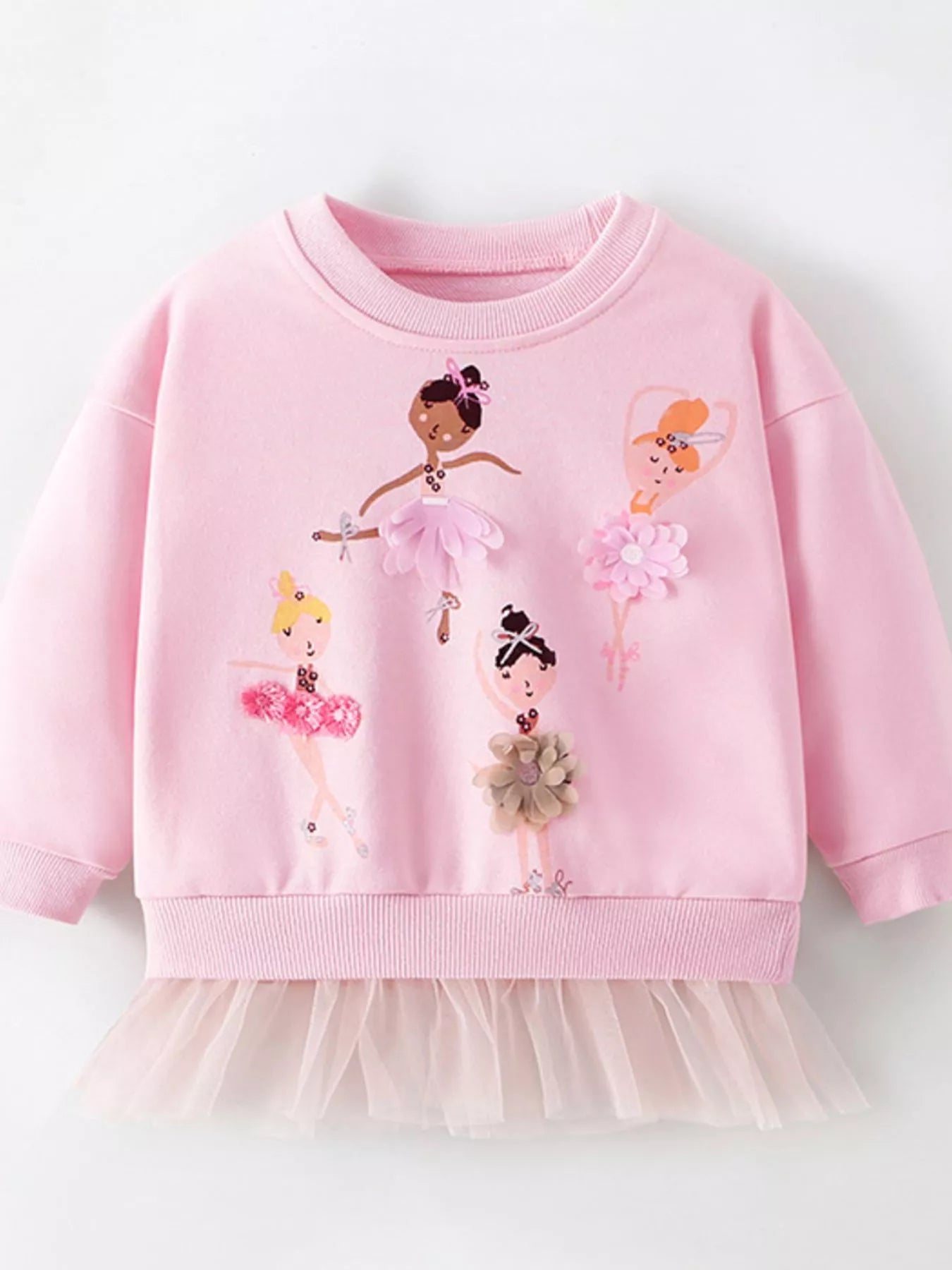 Children's Pink Ballerina Applique Crewneck Sweatshirt with Tulle Hem